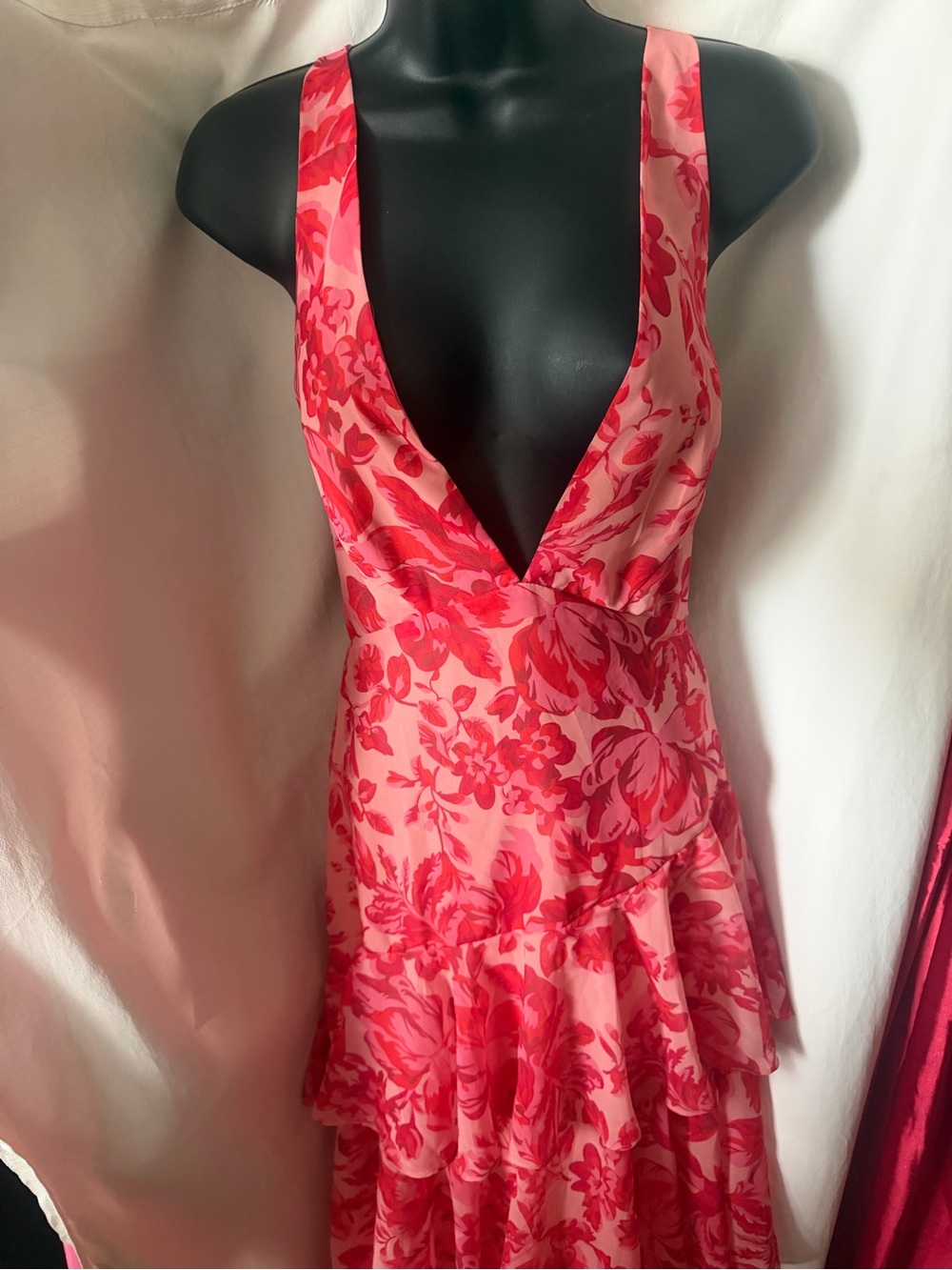 Deep V-Neck Pink Floral Tiered Maxi Dress